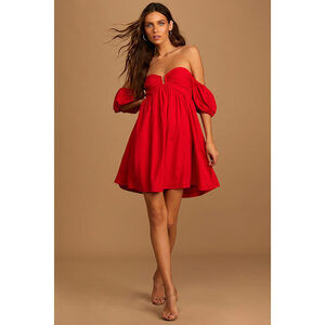 Lulus My Dream Date Red Off-the-shoulder Mini Dress - Size M